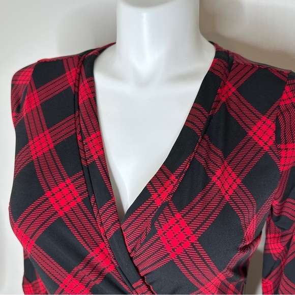Torrid Faux Wrap Plaid Wrap Dress Red and Black 0X - Picture 3 of 6